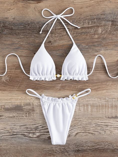 Faux Pearl Decor Frill Trim Halter Triangle Bikini Swimsuit | SHEIN USA Beaded Triangle Top Swimwear For Pool, White Triangle Top Swimwear With Straps, White Triangle Top Swimwear With Crochet Trim, Beach Swimwear With Tassels And Tie-side Bottom, White Crochet Triangle Top Swimwear, Greece Outfit, Summer Swim Suits, White Beads, String Bikinis