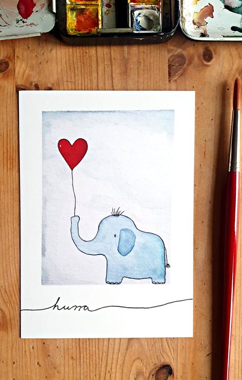 Watercolour Elephant Easy, Baby Card Watercolor, Watercolor Baby Shower Card, Baby Shower Cards Handmade, Painted Cards, Learn Watercolor Painting, Watercolor Postcard, Elephant Birthday, Watercolor Baby Shower