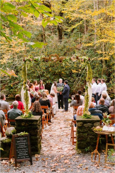 Spence Cabin Wedding in the Smoky Mountains Fall Mountain Wedding Aesthetic, Spence Cabin Wedding, Fae Wedding, Spence Cabin, Fall Wedding Pictures, Fall Mountain Wedding, Smokey Mountains National Park, Campground Wedding, Green Shutters