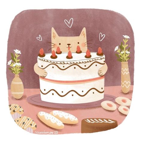 Dream Scenarios, Birthday Cake Illustration, Happy Birthday Cat, Cake Illustration, Birthday Illustration, Cute Bunny Cartoon, Cats Love, Cat Birthday, Birthday Pictures