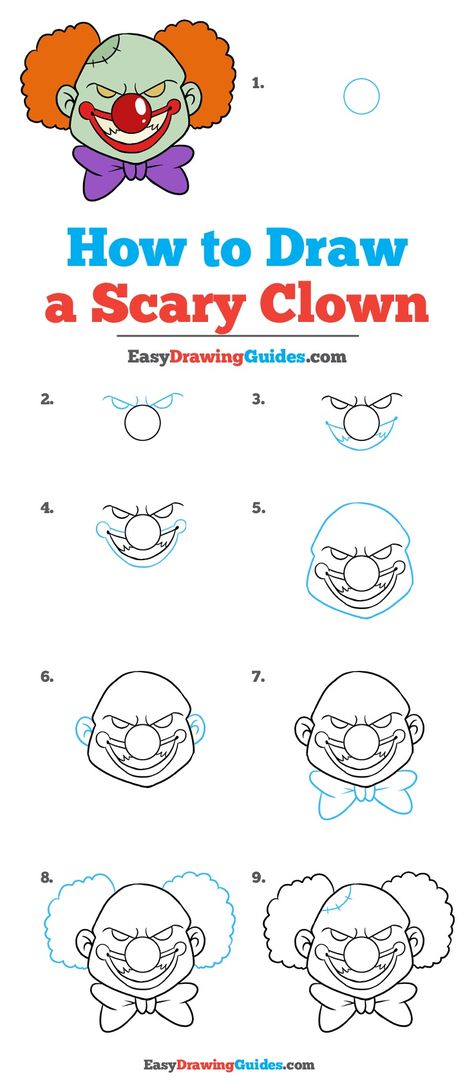 Learn How to Draw a Scary Clown: Easy Step-by-Step Drawing Tutorial for Kids and Beginners. #ScaryClown #drawingtutorial #easydrawing See the full tutorial at https://easydrawingguides.com/how-to-draw-scary-clown/. Scary Clown Drawing, 3d Drawing Tutorial, Easy Halloween Drawings, Easy Drawing Guides, Scary Drawings, Arte Doodle, Drawing Guides, Easy Drawings For Beginners, Scary Clown