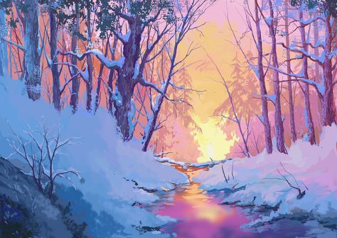 Guache Ideas, Pretty Animation, Environmental Painting, Winter Artwork, Papercut Art, Painting Stuff, Scene Drawing, Fantasy Worlds, Winter Illustration