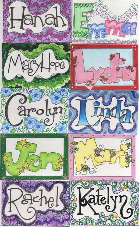 Name tags I drew for kids I work with.  3 Name Posters For Students, Name Portfolio Art Projects, Doodle Name Art Ideas, Name Poster Ideas, Name Art Ideas, Name Tag Art, Nametag Design, Name Art Projects, Name Design Art