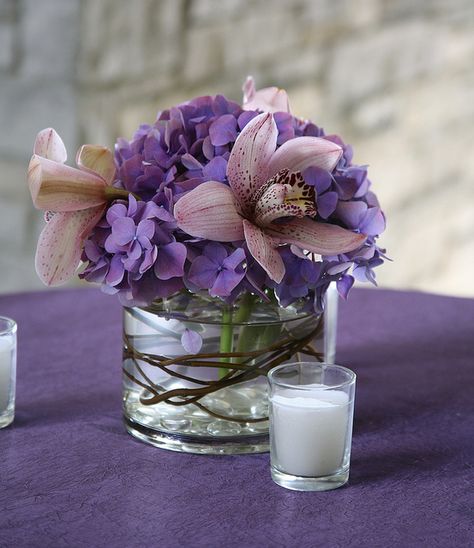 Small cylinder w/purple hydrangea, pink orchid, and grapevine accent Small Purple Flower Arrangements, Cocktail Table Arrangement, Wedding Cocktail Tables, Purple Flower Arrangements, Hydrangea Pink, Pink Flower Arrangements, Table Floral Arrangements, Small Purple Flowers, Purple Hydrangea