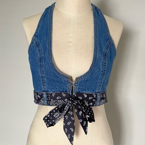 Nwt Cider Blue Denim Halter Top Size S. Approx Measurements Between Underarms 15.5, Side Length 5.75. Bandana Fabric Tie Is Black Or Vey Dark Navy. This Top Has One Large Hook Fastener Center Front. No Stretch. Smoke Free Home. Diy Goth Clothes, Denim Halter Top, Chiffon Tunic Top, Black One Shoulder Top, Goth Clothes, Chiffon Tunic, Costume Inspo, Womens Flannel Shirt, Embroidered Tunic Top