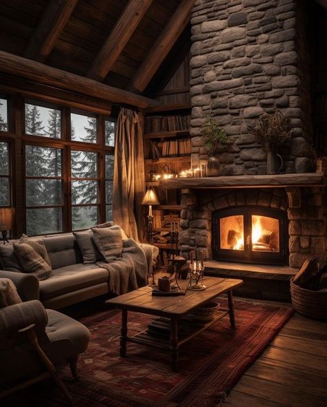 Minecraft Ranch, Mountain Inspiration, Art Deco Style Interior, Cabin Fireplace, Gorgeous Fireplaces, Cabin Living Room, Cabin Aesthetic, Storybook Cottage, Cabin Interiors