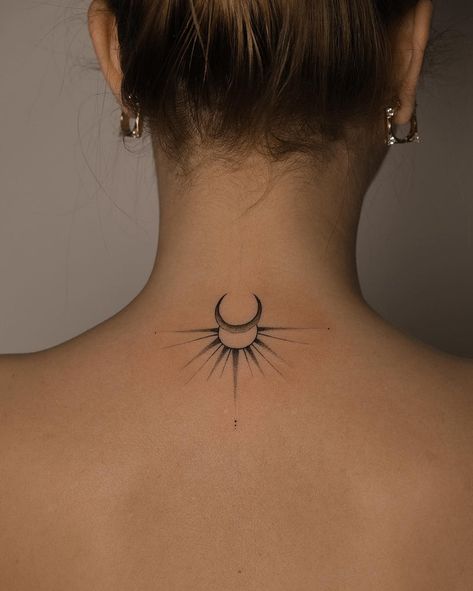 Crescent Sun Tattoo, Back Of Neck Moon Tattoo, Star Moon And Sun Tattoo, Sun And Moon Traditional Tattoo, Sun Neck Tattoo, Triple Moon Goddess Tattoo, Sun And Moon Sternum Tattoo, Solar Eclipse Tattoo, Realistic Moon Tattoo