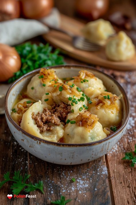 These traditional Polish potato dumplings - Pyzy with meat filling are perfect for a main course. This recipe brings a taste of Poland to your kitchen. Poland Food Traditional, Polish Wedding Food, Polish Potato Dumplings, Poland Recipes, Scandinavian Baking, Polish Princess, Fantasy Dinner, Polish Kitchen, Polish Dumplings