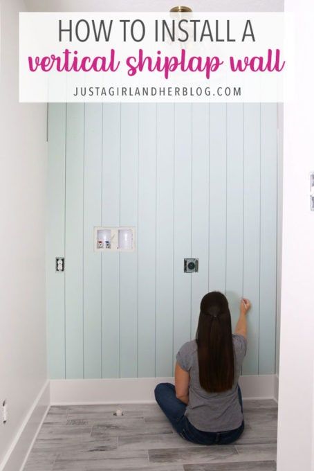 How to Install a Vertical Shiplap Wall | Abby Lawson Vertical Shiplap Wall Laundry Room, Install Shiplap Wall, Vertical Shiplap Wall Living Room, Shiplap Laundry Room, Vertical Shiplap Wall, Abby Lawson, Basement Steps, Vertical Shiplap, Wood Feature Wall