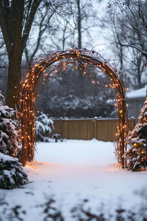 Front Yard Winter Wonderland, Christmas Lights Arch, Winter Wonderland Outdoor Decorations, Backyard Winter Wonderland, Christmas Orbs, Christmas Fairy House, Winter Arch, Snowy Garden, Winter Outdoor Decorations