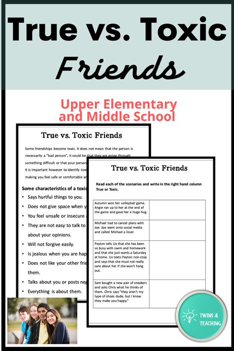 This is friendship activity for middle school and upper elementary counseling and relationship building. Students learn the difference between true friends and toxic friendships. There is a reading and scenarios for students to determine if the friendships are true or toxic. Middle School Counseling Classroom Lessons, Friendship Skills Middle School, Social Emotional Activities For Middle Schoolers, Social Scenarios For Middle School, Middle School Therapy Ideas, Friendship Middle School, Sel Group Activities Middle School, Middle School Group Counseling Activities, Friendship Activities For Middle School