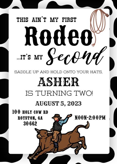 Do you have a little cowboy that is turning TWO? Celebrate him with a rodeo theme birthday party! Self editable invitation for your little man's birthday party! 50th Cowboy Birthday Party, Horse Birthday Party Boy, Second Birthday Boy Themes Ideas, Rodeo Toddler Birthday Party, Bull Riding Party, Bull Riding Birthday Party, Western 1st Birthday Party Boy, Second Rodeo Birthday Party, Rodeo Themed Birthday Party