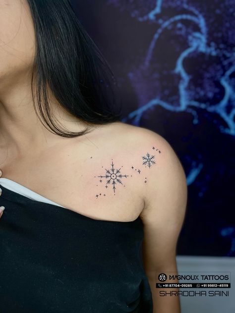 Snowflake Neck Tattoo, Snowflake Tattoo On Shoulder, Snowflake Tattoo Shoulder, Winter Tattoo, Snow Flake Tattoo, Shoulder Blade Tattoo, Collar Bone, Spine Tattoos, Couple Tattoos