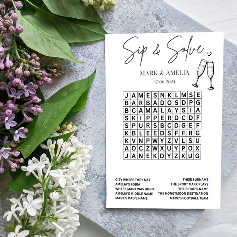 Sip and Solve Word Search, Wedding Favour Quiz, Wedding Crossword, Party Games, Made For You by SarahSeaGifts on Etsy Sip And Solve, Good Conversation, Wedding Games, Party Favours, Questions And Answers, Honeymoon Destinations, Conversation Starters, Wedding Favours, Dog Names