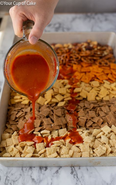 Tangy Buffalo Chex Mix - Your Cup of Cake Chex Mix Ingredients, Chex Recipes, Cup Of Cake, Recipes By Ingredients, Cereal Snacks, Chex Mix Recipes, Snack Mix Recipes, Chex Mix, Homemade Snacks