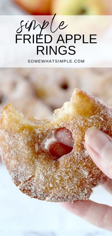 The first time I ever tried these Simple Fried Apple Rings was at our state fair. (Everything is fried at a state fair, right?!)They tasted like little apple fritters, but not as heavy, and I liked that a lot! I also loved the simplicity of this tasty little treat – fried apples dipped in batter, deep fried, then coated in cinnamon and sugar… that’s it! With a simple ingredient list and frying method, these fried slices of heaven are so easy to make at home. It's really so easy and tasty! Fried Apples Recipe Easy, Fried Apple Rings, Deep Fried Desserts, Apple Slice Recipe, Deep Fried Recipes, Fried Apple, Fried Dessert, State Fair Food, Deserts Easy