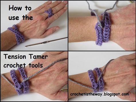 Learn some ways to use your new crochet tension tools! Diy Yarn Holder, Crochet Tension, Finger Cuff, Tension Ring, Crochet Needle, Yarn Holder, Crochet Hack, Knit Projects, Crochet Tools