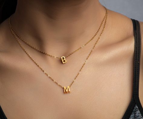 "Gold Tiny Letter Necklace/ 18k initial letter Necklace/ Initial Jewelry/ Personalized Jewelry/ Dainty Gift Necklace/ Bridesmaids Necklace u Our initial letter necklace and  earrings 18K GOLD is so BEAUTIFUL and gorgeous personalized piece suitable for gift. it is tiny and minimalist initial necklace  and earrings which has been handcrafted which is perfect for everyday wear. Beautiful gift for someone special. Give a Letter Necklace gift that will make her heart melt! This dazzling Forever Lett Letter Pendent, Elegant Gold Necklace, Gold Neck Chain, Letter Necklace Initials, Gold Pendent, Bridal Jewellery Design, Gold Chain With Pendant, Pendent Necklace, Initial Jewelry