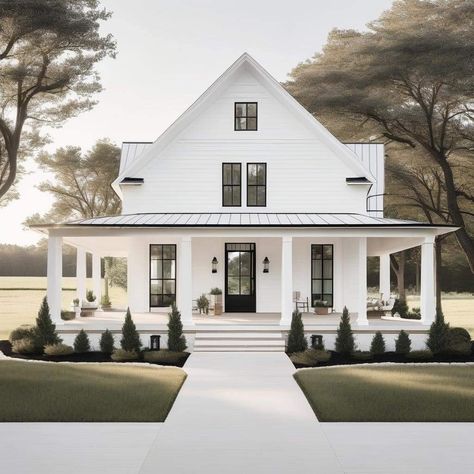 White House Ideas, White House Black Windows, Low Country Homes, Houses Black, Modern Rustic Farmhouse, Modern Farmhouse Exterior, Country Houses, Wrap Around Porch, Farmhouse Exterior