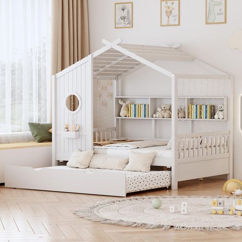 Twin Bed With Rails, House Bed With Trundle, Kids Full Size Bed Ideas, House Bed Girls Room, Full Size Kids Bed, Princess Bed With Slide, Full Trundle Bed, Toddler Princess Room, Farmhouse Kids Bedroom