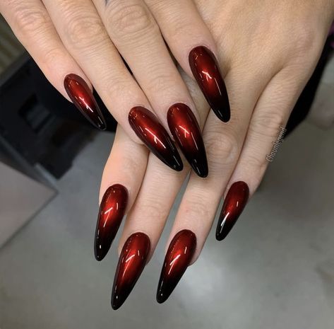 Black With Red French Tip Nails, Red With Black French Tips, Red And Black Cat Eye Nails, French Cat Eye Nails, Black Almond Nails, Black French Tips, Black French, Black Cat Eyes, Glass Nails