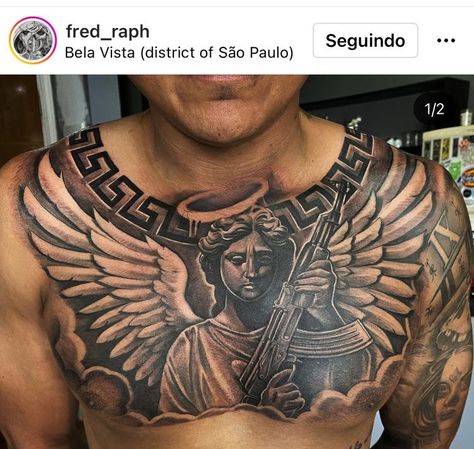 Angel On Chest Tattoo, Throat Tattoo Designs Men, Tattoo Chest Ideas, Angel Chest Tattoo Men, Chest Piece Tattoos For Guys, Cool Chest Tattoos For Guys, Chest Tattoos Men's Ideas, Chicano Chest Tattoo, Men’s Chest Tattoos