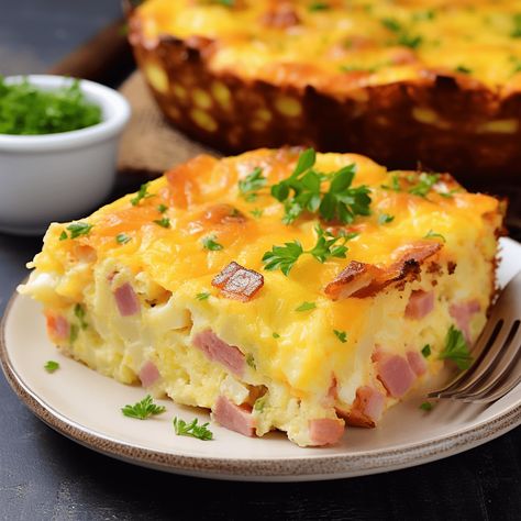 An easy, cheesy, breakfast casserole with ham and eggs that is sure to become a morning favorite. Fluffy Breakfast Casserole, Eggs Ham Cheese Breakfast, Egg Ham Casserole Recipes, Egg And Ham Bake, Ham Souffle Recipes, Egg Cheese Ham Casserole, Overnight Ham And Egg Casserole, Egg And Ham Casserole Recipes, Ham Egg And Cheese Breakfast Casserole