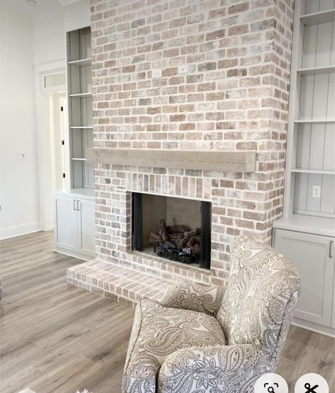 Unique Brick Fireplace, French Country Brick Fireplace, Coastal Brick Fireplace, Brick Fireplace To Ceiling, Distressed Brick Fireplace, Shiplap Fireplace With Tile, White Washed Fireplace Brick, Modern Classic Fireplace, Modern Farmhouse Brick Fireplace