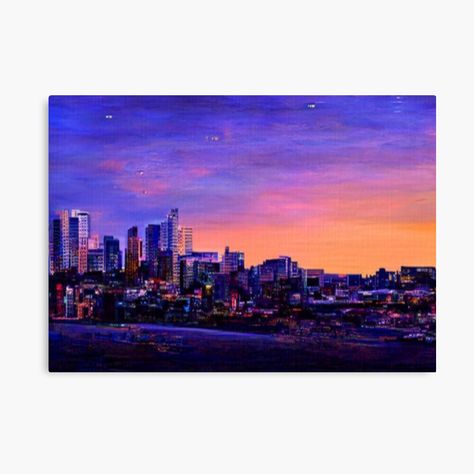 Get my art printed on awesome products. Support me at Redbubble #RBandME: https://www.redbubble.com/i/canvas-print/Los-Angeles-California-Sunset-Skyline-Oil-Painting-by-AI-USA-Popular-Cities-by-AIArtWizard/112424871.5Y5V7?asc=u Skyline Canvas Painting, Shuffle Ideas, Skyline Digital Art, City Skyline Silhouette Painting, Cityscape Painting Acrylic City Skylines, Los Angeles Cityscape, Skyline Painting, California Sunset, Cityscape Painting