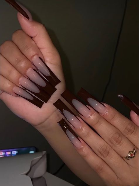 Fall Nails 2023 Long Square, Long Fall Nails 2023, Long Fall Acrylic Nails, Fall Nails Long Square, Fall Long Nails, Fall Baddie Nails, Fall Nails Long, Long Fall Nails, Brown French Tips