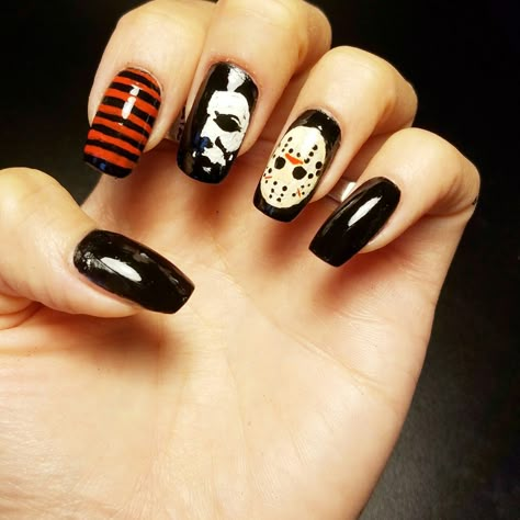 Halloween, Michael Myers, Friday the 13th, Jason Vorhees, Nightmare on Elm Street, Freddy Krueger Nails Halloween Nails Jason, Jason Nails, Friday Halloween, Halloween Jason, Nail Room Ideas, Pride Nails Designs, Horror Nails, Halloween Nail Ideas, Nails Designs Short