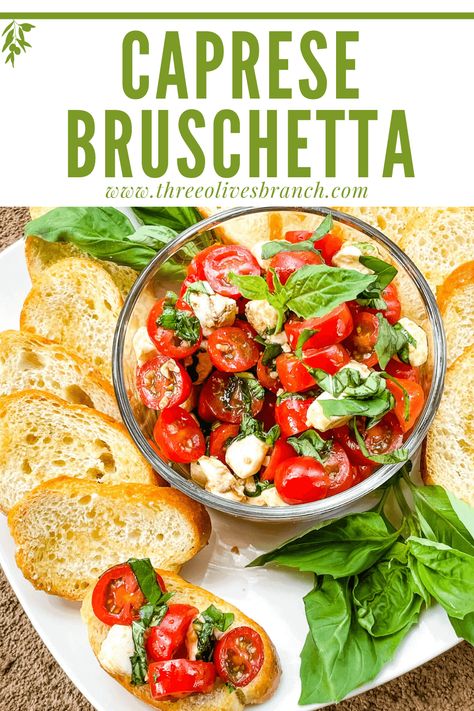 Bruschetta with Mozzarella (Caprese Bruschetta) is a fresh, easy, and light Italian appetizer recipe. Made with tomato, fresh mozzarella, and basil on toasted bread crostini. Great for summer entertaining and party finger food. Tomato Mozzarella Crostini, Caprese Crostini Appetizers, Fresh Tomato Appetizers, Tomato And Fresh Mozzarella Appetizer, Cheap Italian Appetizers, Tomato Mozzarella Basil Bruschetta, Bruchetta Recipe Mozzarella, Basil Tomato Mozzarella Appetizers, Caprese Bread Appetizers