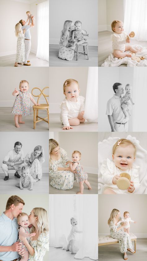 Family 1 Year Photoshoot, 1st Birthday Winter Photoshoot, One Year Photoshoot Ideas Indoor, 1 Year Studio Photoshoot, One Year Milestone Photos, First Birthday Studio Photoshoot, 1st Year Photoshoot, At Home First Birthday Pictures, Heirloom First Birthday Photos