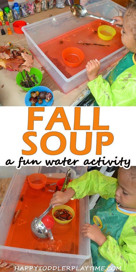 Fall Soup - HAPPY TODDLER PLAYTIME This is a quick and easy natural Fall sensory bin that is a great way to cap off a nature walk this Fall with your toddler or preschooler! #fallactivities #toddleractivities #sensorybins #wateractivities # preschoolsctivities Fall Sensory Bin, Fall Activities For Toddlers, Fall Sensory, Fall Crafts For Toddlers, Fall Lesson Plans, Toddler Themes, Fall Preschool Activities, Fall Soup, Fall Lessons