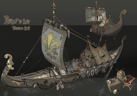 Medieval Boat, Fantasy Boat, Airship Art, Model Sailing Ships, Dungeon Master's Guide, Old Sailing Ships, Fiction Idea, Fantasy Props, Final Fantasy X