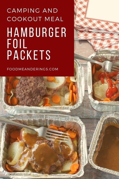 Hamburger Foil Packets are a one-pan meal with tender carrots, potatoes, onions and a lean ground beef patty, all grilled (or baked) to perfection! They are delicious like packet of comfort food and an ideal camping meal on the grill, campfire, camp stove or even in the oven at home! Hobo Foil Packs Ground Beef Oven, Hobo Dinner Recipes, Tin Foil Meals, Foil Meals, Tin Foil Dinners, Camp Meals, Hobo Dinners, Hamburger And Potatoes, Foil Pack Dinners