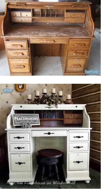 Diy Desk Refurbish, Desk Refurbish, Vintage Diy Projects, Home Office Vintage, Home Office Decorating Ideas, Desk Diy, Office Vintage, Roll Top Desk, Desk Makeover