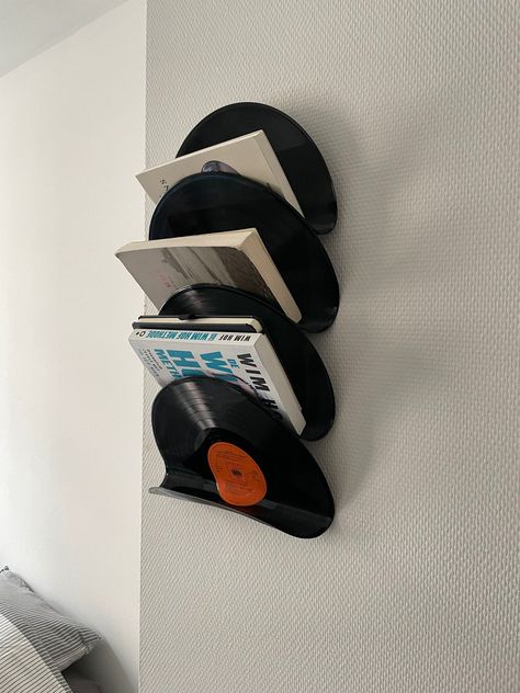 Cool House Accessories, Odd House Decor, Cool Things For House, Vinyl Bookshelf, Vinyl Holders, Vinyl Hanging, Hanging Bookshelf, Vinyl Holder, Bookshelf Accessories