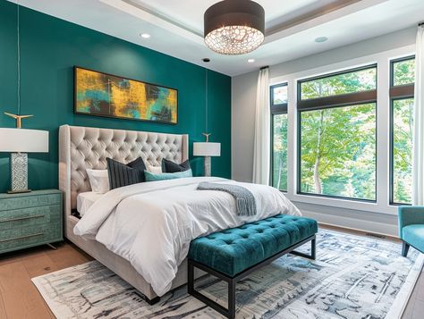 Teal Wall Bedroom Ideas, Teal And Gold Bedroom, Teal Bedroom Designs, Decor Small Bedroom, Teal Bedroom Ideas, Bedroom Teal, Modern Bedroom Colors, Best Bedroom Colors, Bedroom Turquoise