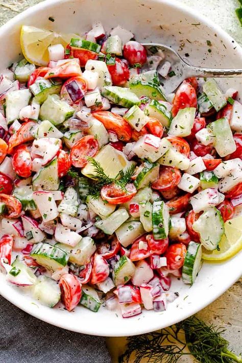 This refreshing Radish Cucumber Tomato Salad is made with a homemade garlic lemon dressing for the ultimate summer side! It's quick, easy and super healthy. #cucumbersalad #tomatosalad #radishes Radish Salad Recipe, Cucumber Salad Dressing, Radish Cucumber, Cucumber And Tomato Salad, Cucumber And Tomato, Salad Appetizer Cups, Tomato Salad Recipes, Creamy Cucumber Salad, Radish Salad