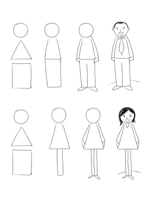 People often tell me that they can't even draw a stick figure.  I'm here to  tell you that anyone can learn to draw simple symbols.  So, this is the  first in my series of Simple Drawing Tips.  If you can draw a circle, a triangle, and a rectangle, you can draw a  person!  Once you get this dow Draw A Person, How To Draw People, Drawing Lessons For Kids, Person Drawing, Draw People, Stick Figure Drawing, Easy Drawings For Kids, Basic Drawing, Art Drawings For Kids