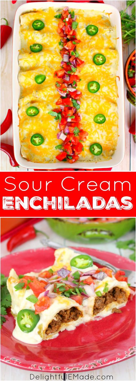 The only enchilada recipe you'll ever need! Stuffed with seasoned ground beef and cheese, smothered with a thick, delicious sour cream sauce, topped with more cheese and baked to perfection, these enchiladas are incredible! Amazing with pico de gallo an Cheese Enchiladas With Red Sauce, Best Beef Enchilada Recipe, Enchiladas With Red Sauce, Sour Cream Enchiladas, Beef Enchilada Recipe, Seasoned Ground Beef, Ground Beef Enchiladas, Creamed Beef, Enchilada Recipe