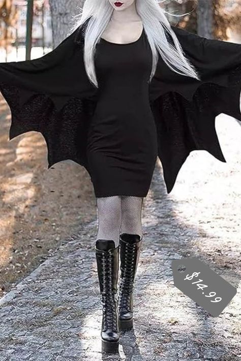 #HalloweenDress #GothicFashion #CosplayDress #WitchCostume #VampireDress #MedievalStyle #BatSleeveDress #PartyOutfit #GothicClothing #WomensFashion Plus Size Retro Dresses, Vintage Halloween Party, Halloween Party Dress, Wings Dress, Beautiful Black Dresses, Halloween Long Sleeve, Vintage Black Dress, Slim Fit Dress, Bat Wing