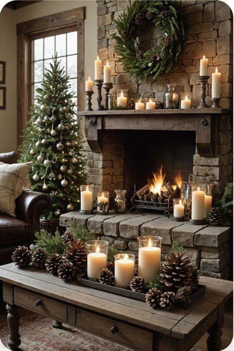 Winter Mantle Decor Ideas, Candles On Mantel Ideas, Christmas Mantels Decorations, Candle Decor Ideas Living Rooms, Candles In Fireplace Ideas, Winter Mantle Ideas, Hearth Decorating Ideas, Fall Decor Ideas For The Home, Mantle Decorating Ideas Christmas