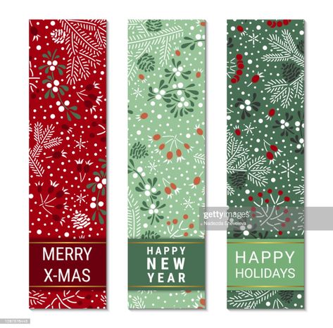 stock illustration : Happy holidays, New Year, Merry X-mas colorful ornate vertical banner template set. Elegant fir branches, cones, mistletoe leaves, red elderberry and rowan berry pattern. EPS 10 vector backgrounds. Christmas Label Design, Red Elderberry, Rowan Berry, Festive Packaging, Merry Christmas Font, Christmas Fonts Free, Berry Pattern, Vertical Banner, Holiday Fonts