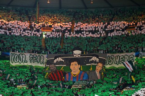 "Your Fear Is Here" Green Brigade display champions league 2013 / 2014 Celtic Champions League, Green Brigade, Celtic Park, Celtic Ireland, Celtic Football, Old Firm, Barcelona Futbol Club, Celtic Fc, Glasgow Scotland