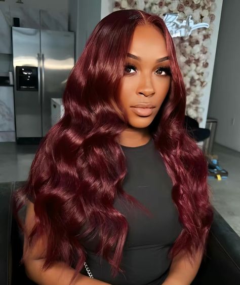 Red Hair Beach Waves, Beach Waves On Wig, Beach Wave Sew In Hair Weaves, Beach Wave Wigs For Black Women, Beach Waves Hair Black Women, Red Hair Weave Black Women, Red Closure Sew In, Burgundy Closure Sew In, Wine Red Hair Color For Black Women