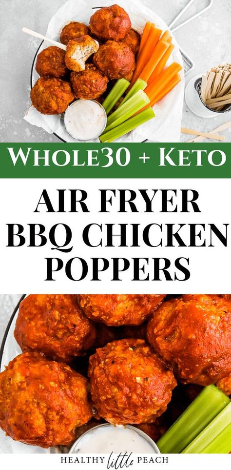 A crispy Chicken Popper smothered in BBQ sauce and dipped in a homemade creamy ranch dressing. This is the perfect for the entire family and also a great appetizers for a party or a get together. Whole30, Keto, Paleo and Dairy Free. #airfryerrecipes #airfryer #whole30 #whole30recipes #chickenpoppers #BBQchicken #ketorecipes #keto #paleo #dairyfree Air Fryer Whole 30, Whole 30 Air Fryer Recipes, Paleo Bbq Chicken, Appetizers For A Party, Weekday Recipes, Paleo Bbq, Chicken Poppers, Whole30 Dinner, Creamy Ranch Dressing