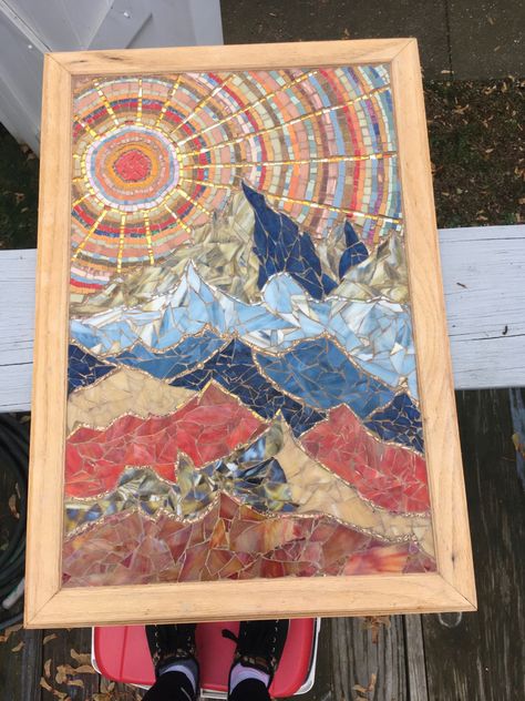 Mosaic Mountains Ideas, Mosaic Mountain Scenes, Mosaic Gift Ideas, Mosaic Mountains, Mountain Mosaic, Landscape Mosaic, Birthday Presents For Mum, Sunset Mountains, Pottery Projects