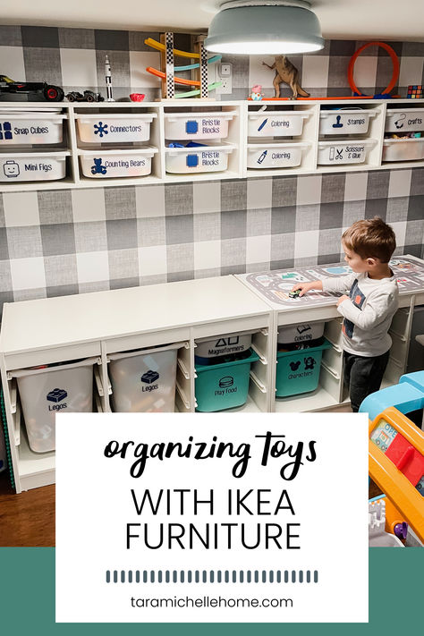 What I love about the Trofast unit is the different sizes bins. Sometimes you just need some small bins to organize the toys. There is also 5 different style of units available, which comes in handy when working with small or shared spaces. Trofast Craft Storage, Fun Playroom Ideas, Basement Built Ins, Kallax Unit, Ikea Toy Storage, Ikea Playroom, Ikea Kallax Unit, Organizing Toys, Modern Playroom